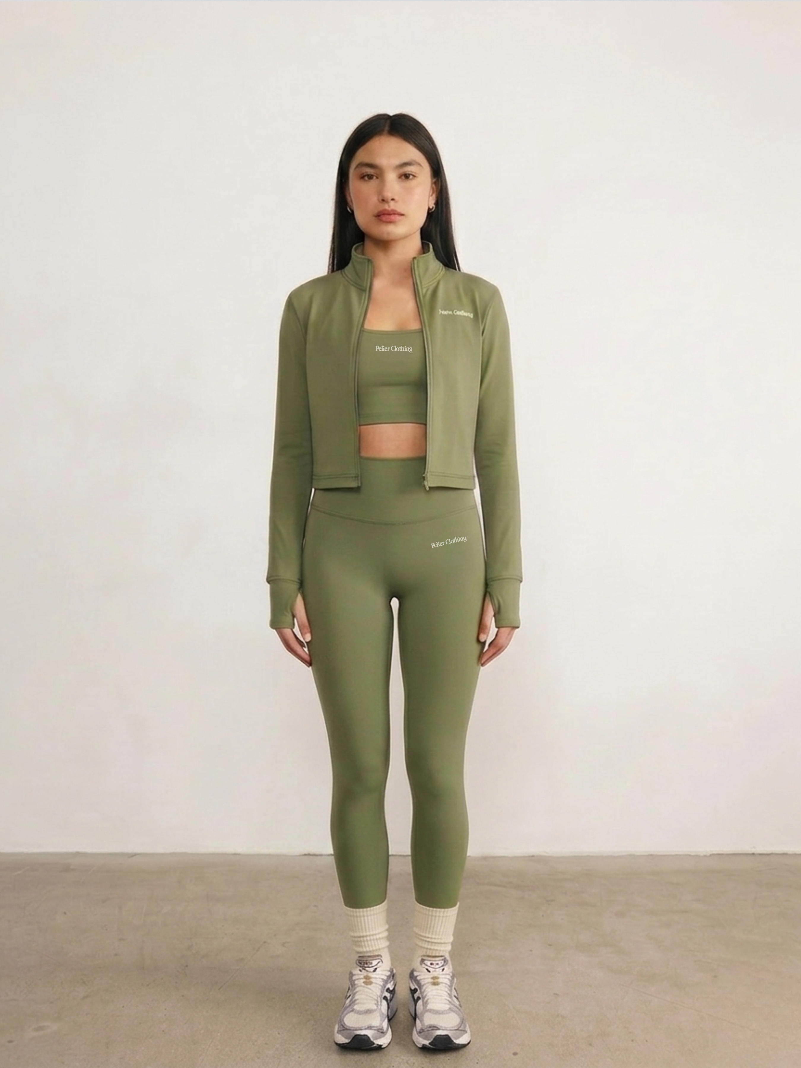 Set Jacket & Leggings & Halter Neck Top Olive